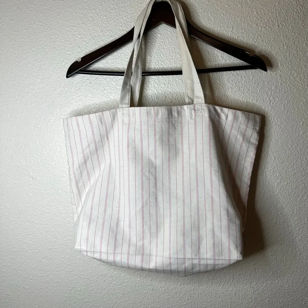 Sezane cream red California Mon Amour striped canvas tote bag